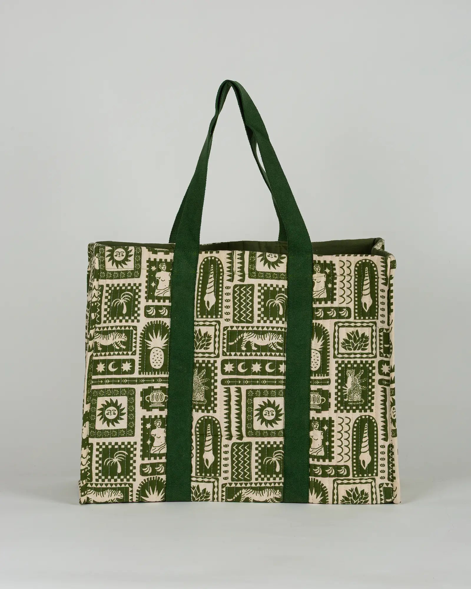 Sac cabas en tissu matelassé Bokabas, imprimé Art vert kaki et beige, vue de dos
