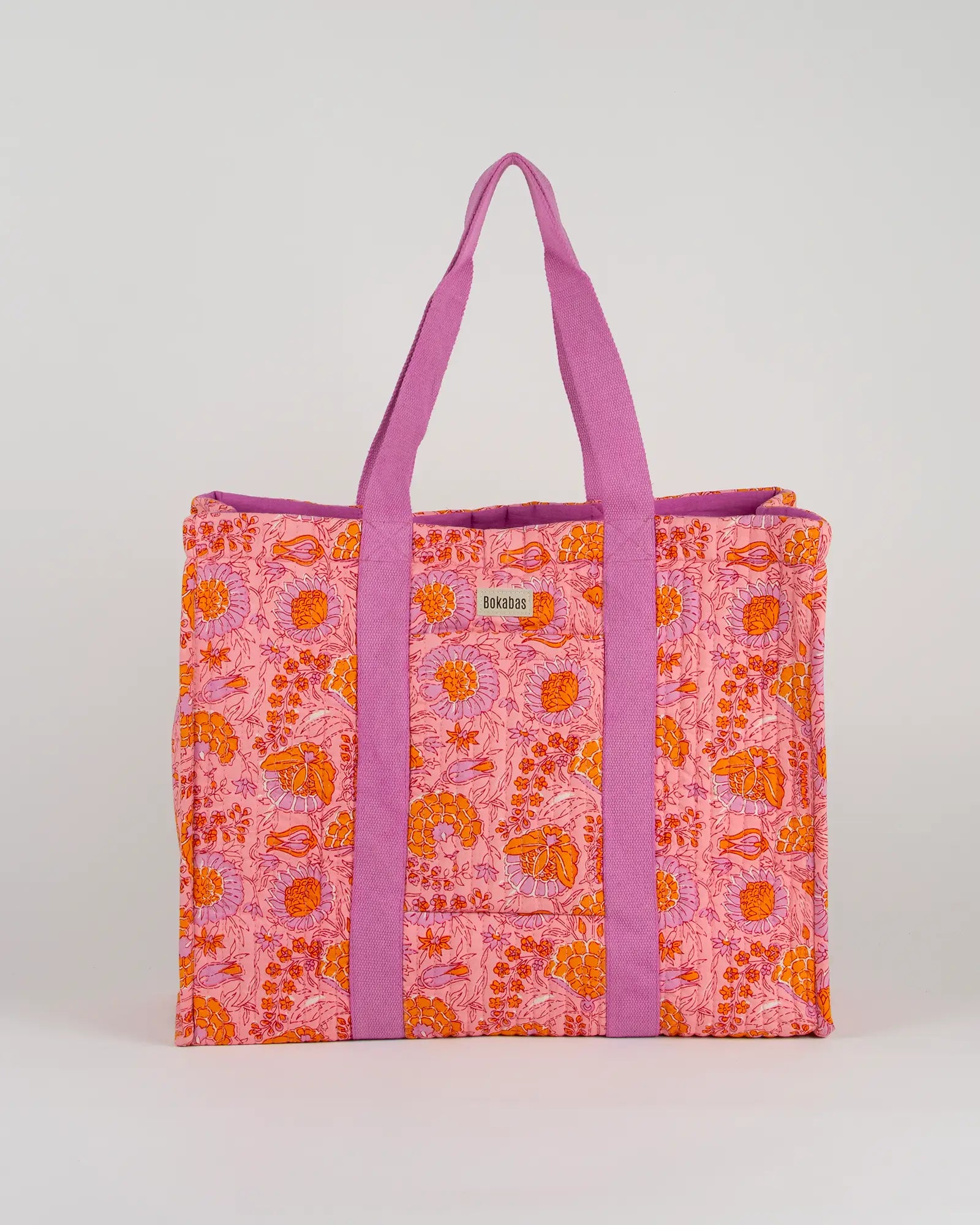 Sac cabas en tissu matelassé Bokabas, imprimé Marie rose fleuri, vue de face