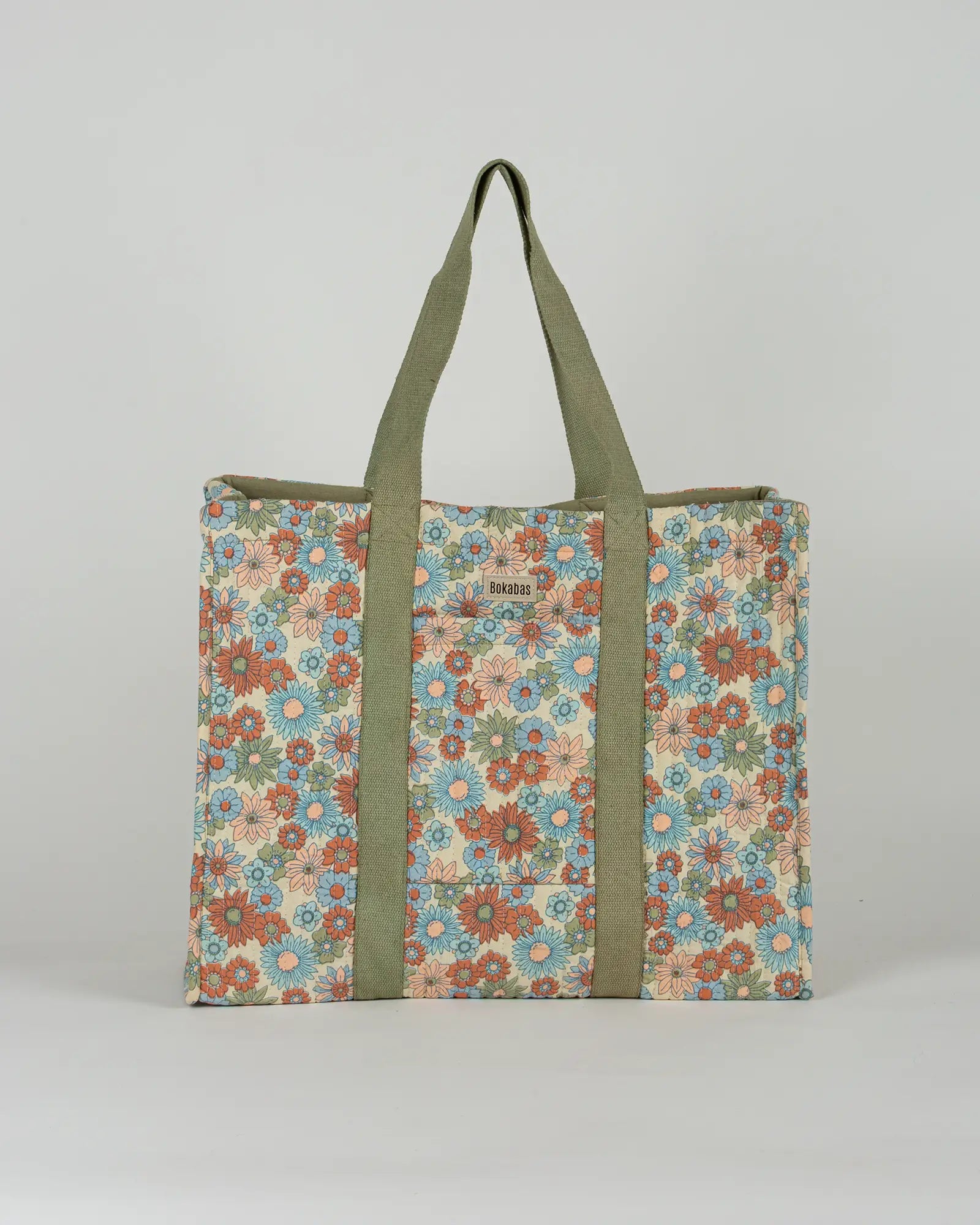 Sac cabas en tissu matelassé Bokabas, imprimé Rétro liberty vert, bleu et orange, vue de face