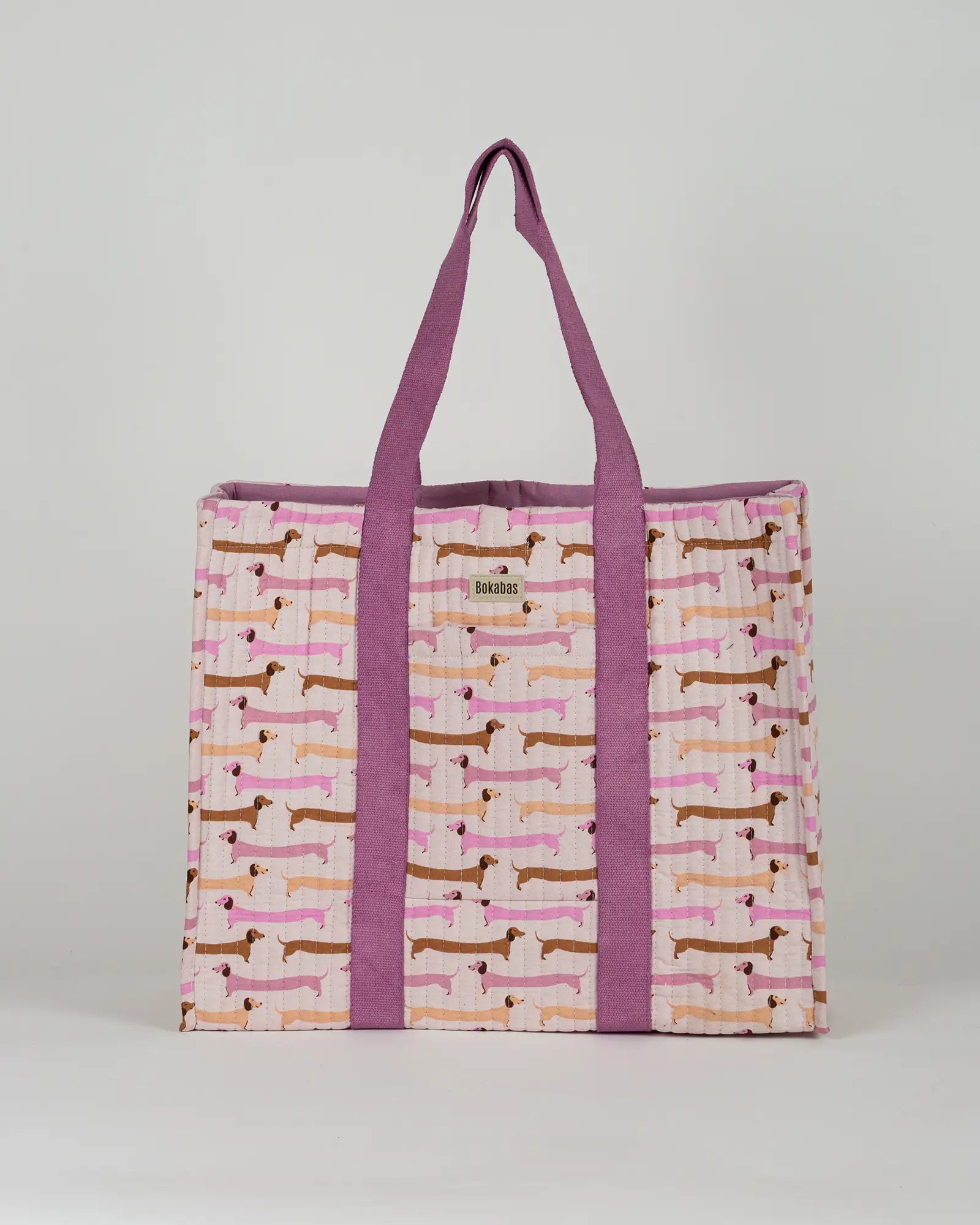 Sac cabas en tissu matelassé Bokabas, imprimé Saucisse chien teckel rose et violet, vue de face