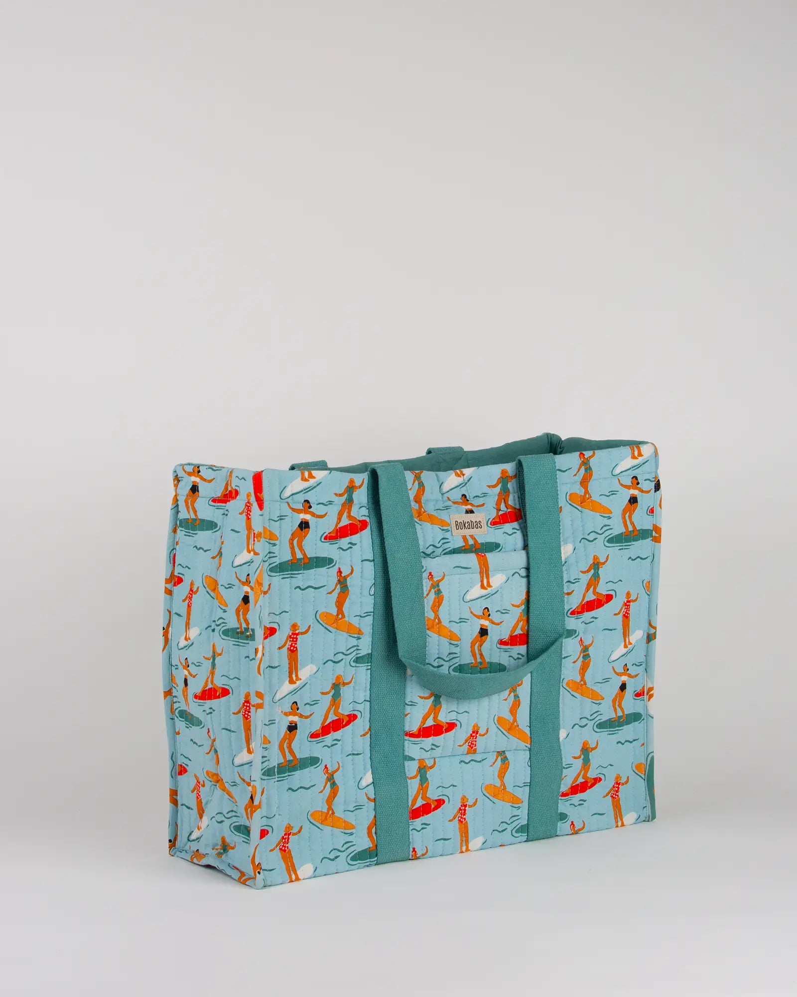 Sac cabas en tissu matelassé Bokabas, imprimé Surf bleu, vue de trois-quarts