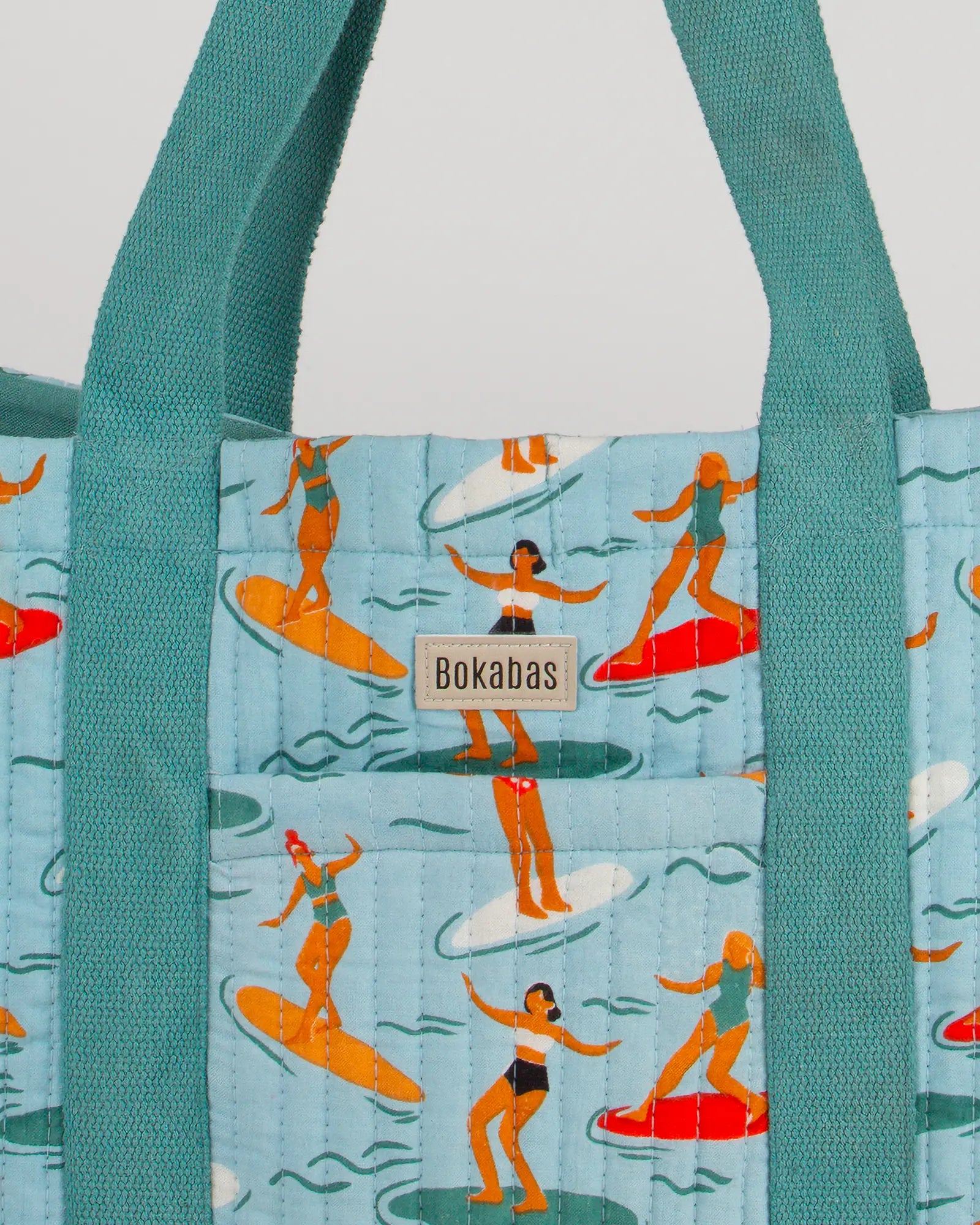Sac cabas en tissu matelassé Bokabas, imprimé Surf bleu, zoom sur la matière