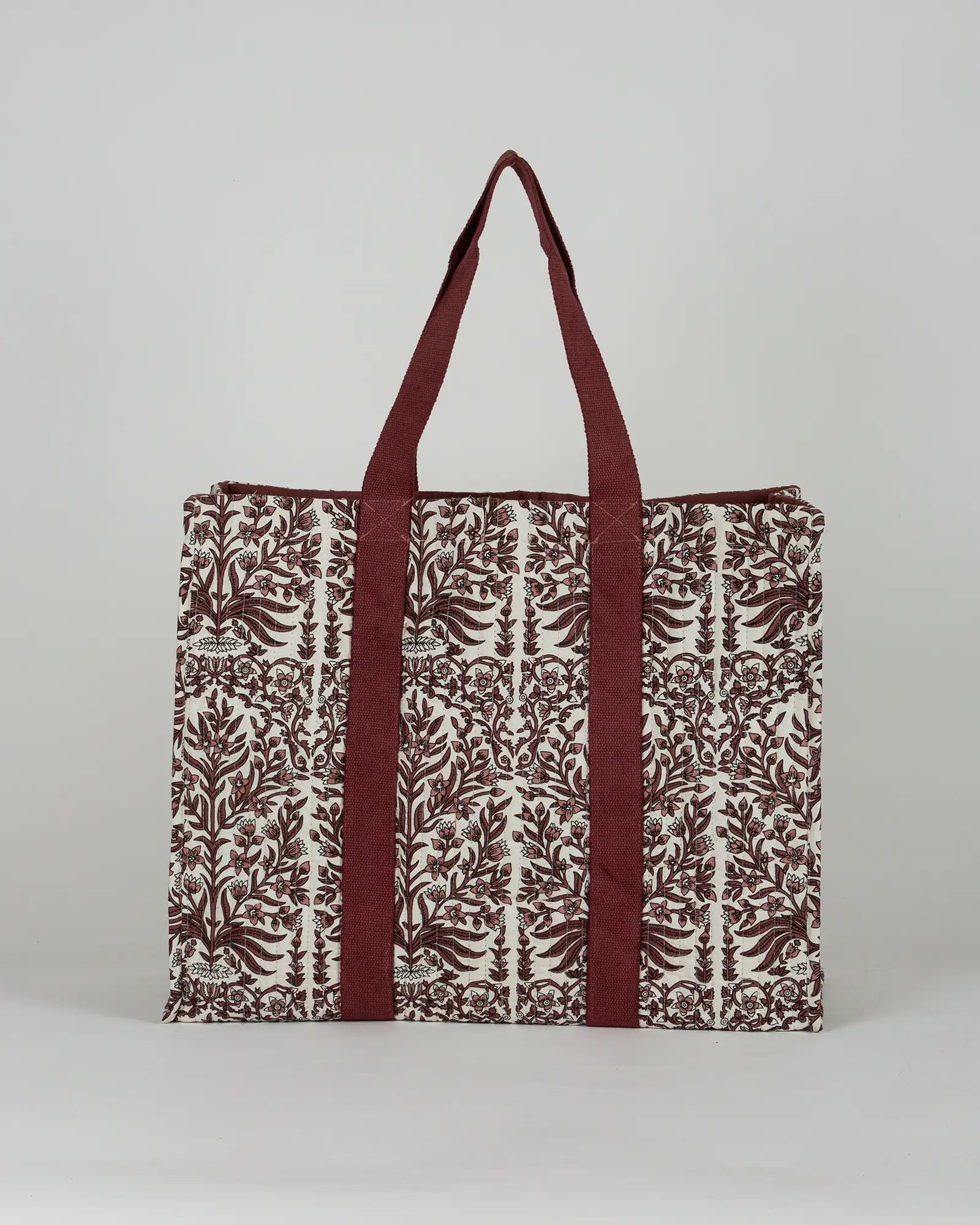 Sac cabas en tissu matelassé Bokabas, imprimé Vale fleuri marron et blanc, vue de dos