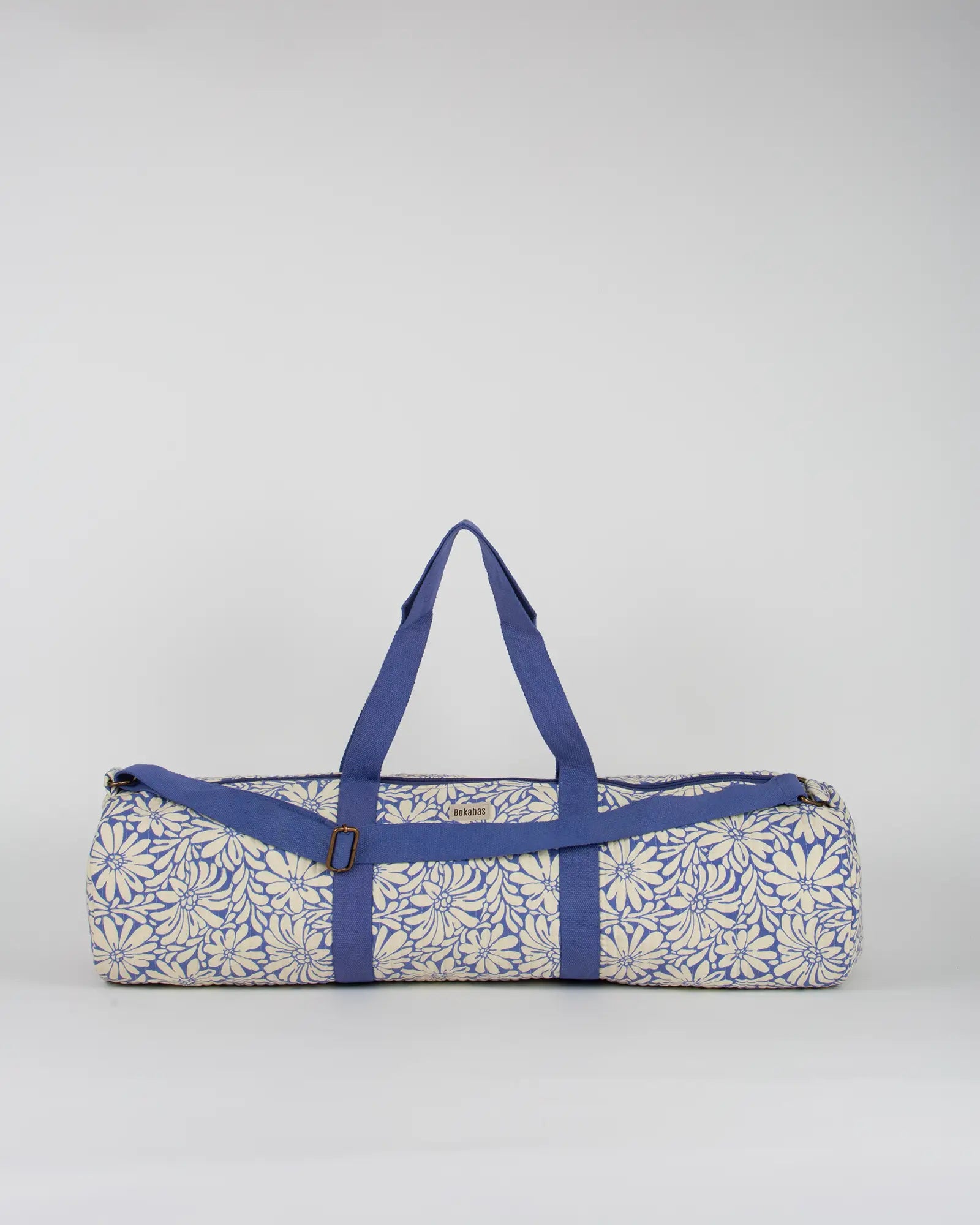 Sac de yoga en tissu matelassé Bokabas, imprimé Daisy fleuri bleu et beige, vue de face