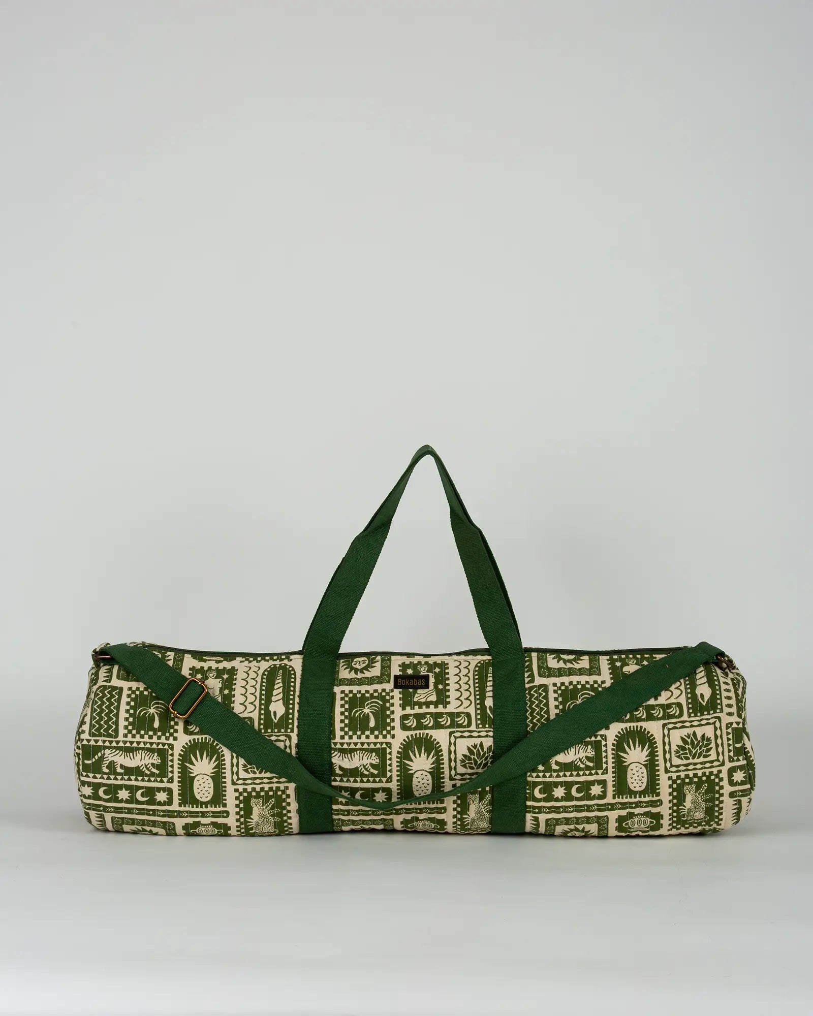 Sac de yoga en tissu matelassé Bokabas, imprimé Art vert kaki et beige, vue de face