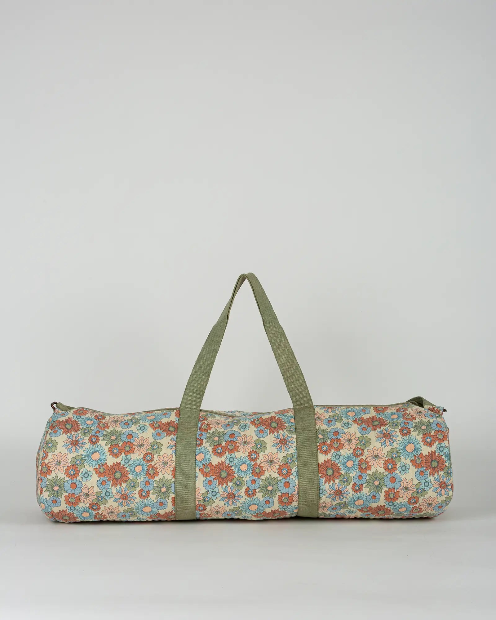 Sac de yoga en tissu matelassé Bokabas, imprimé Rétro liberty vert, bleu et orange, vue de dos