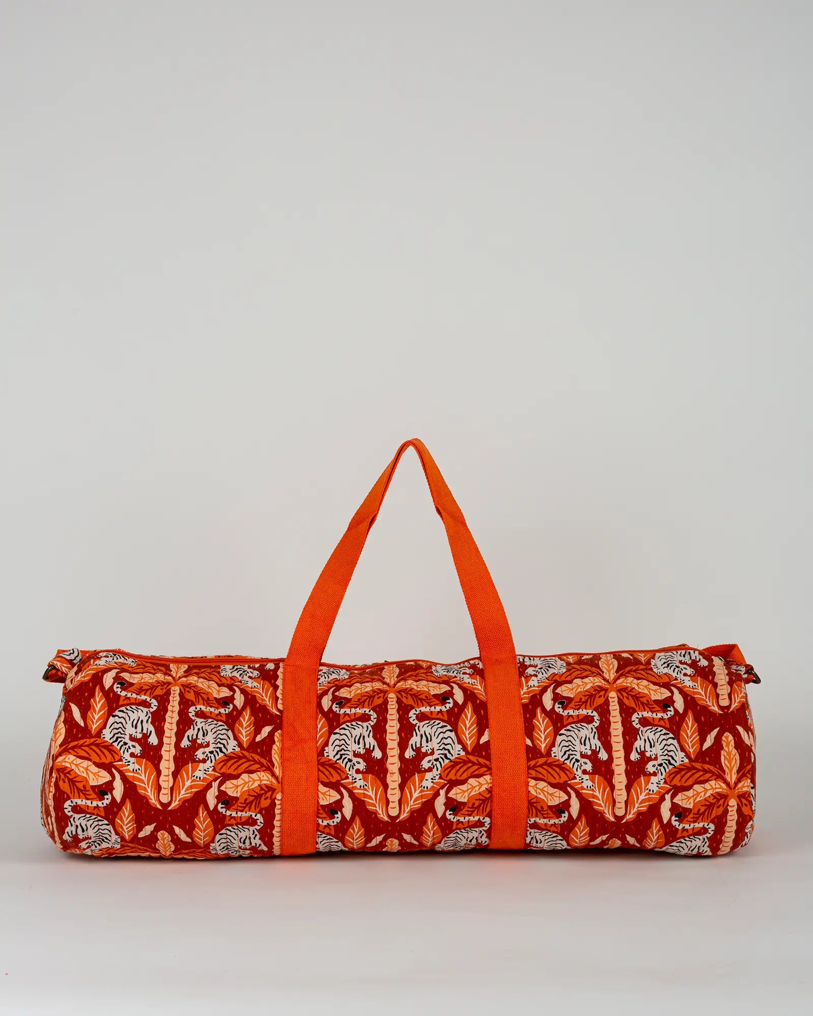 Sac de yoga en tissu matelassé Bokabas, imprimé Tropique palmier et guépard orange, vue de dos