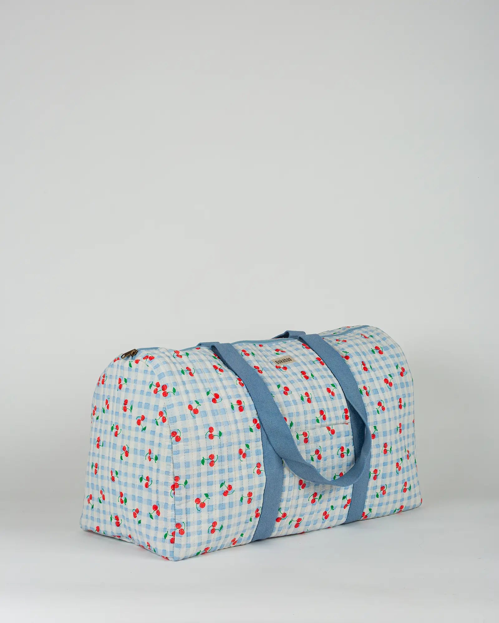 Sac week-end matelassé Bokabas, imprimé Cerise vichy bleu, vue de face