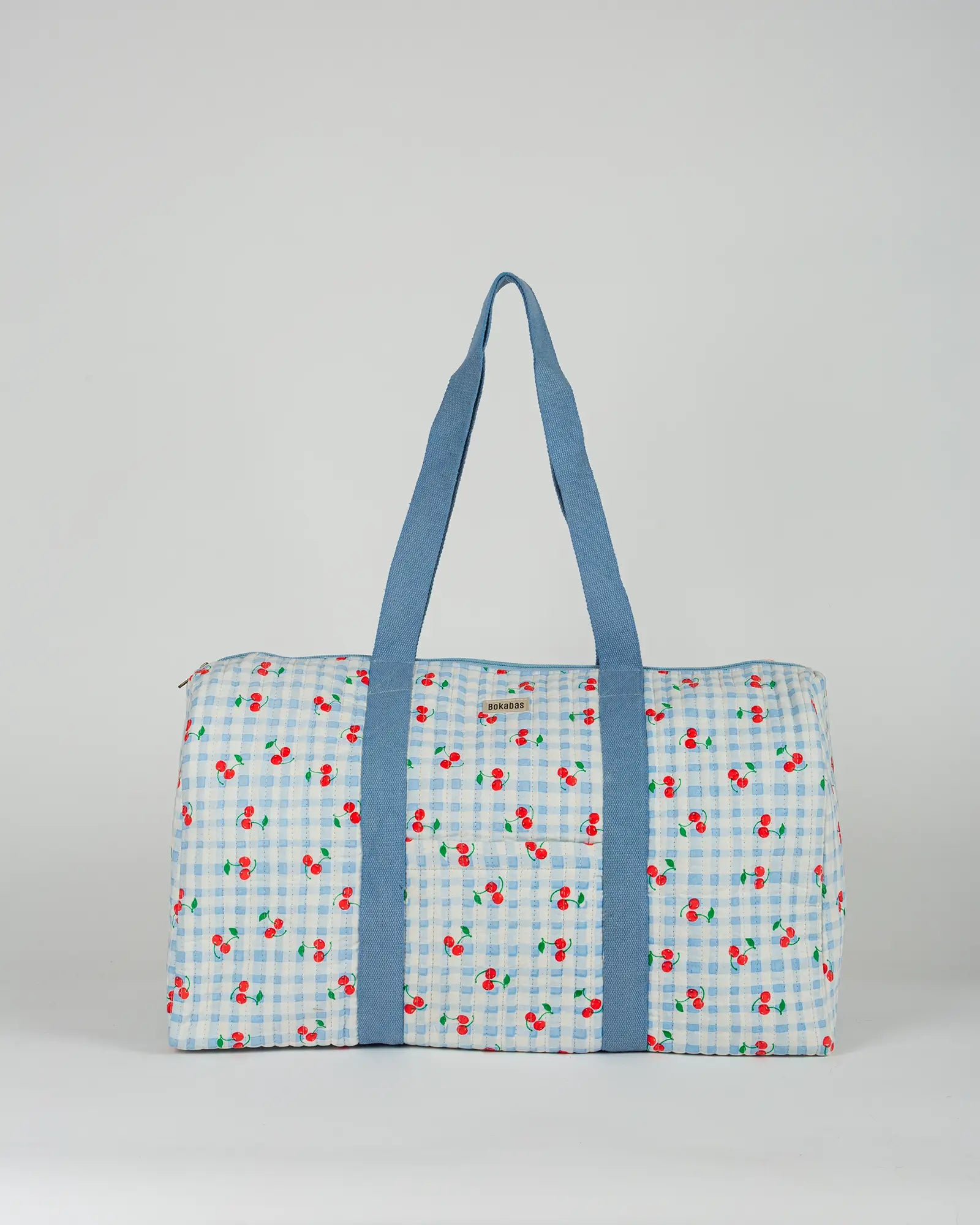 Sac week-end matelassé Bokabas, imprimé Cerise vichy bleu, vue de face