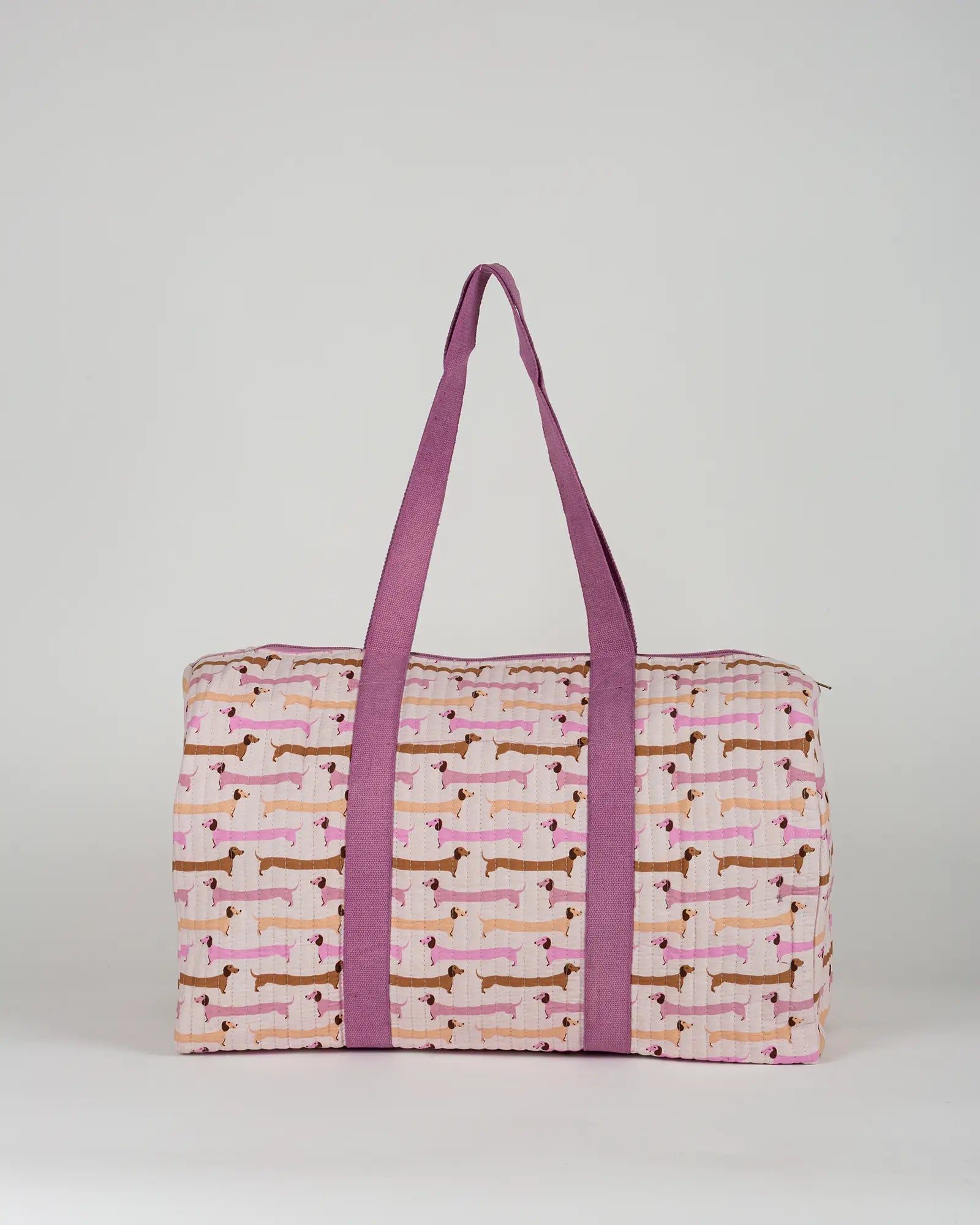 Sac week-end matelassé Bokabas, imprimé Saucisse chien teckel rose et violet, vue de dos