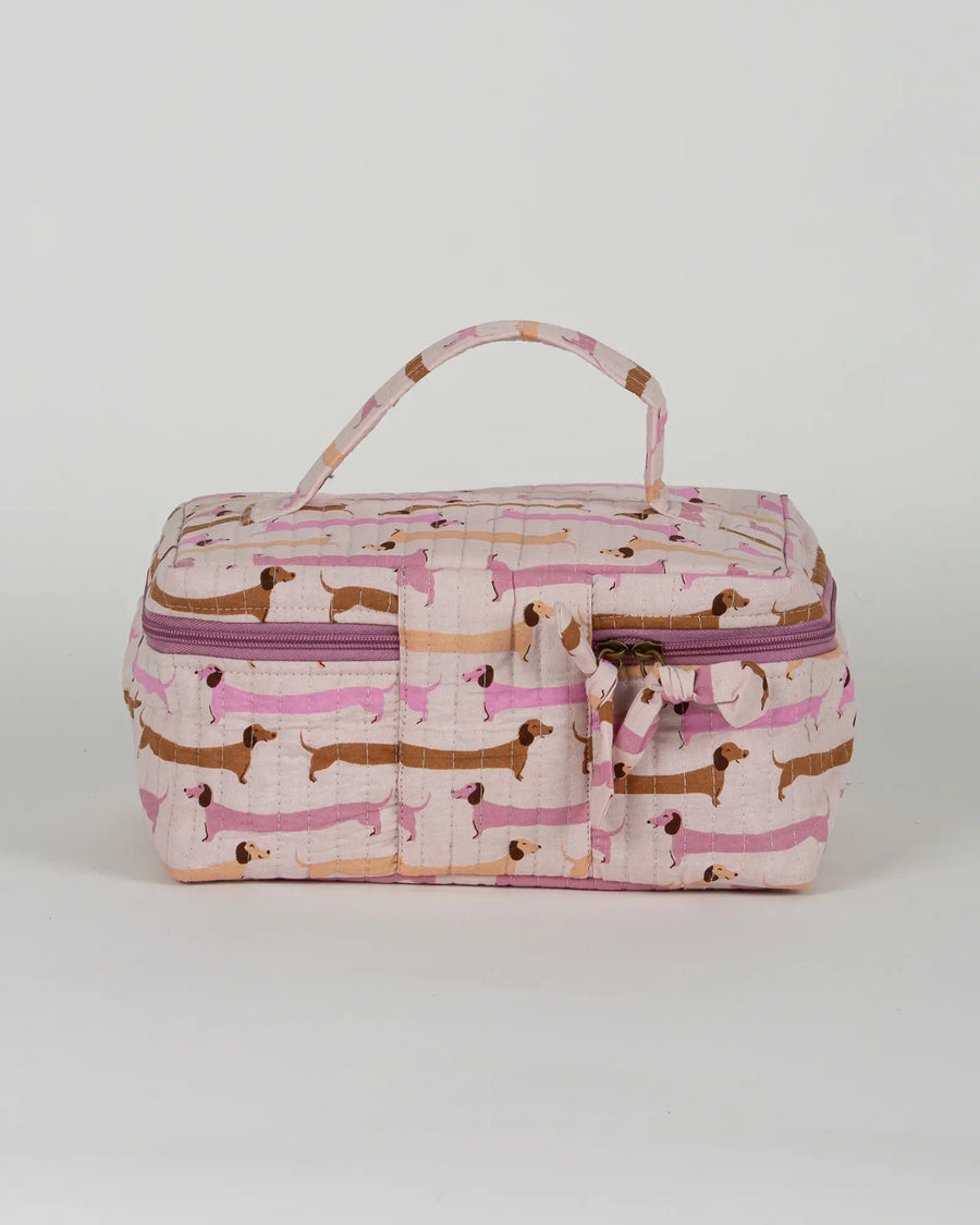 Trousse vanity maquillage matelassée Bokabas, imprimé Saucisse chien teckel rose et violet, vue de dos