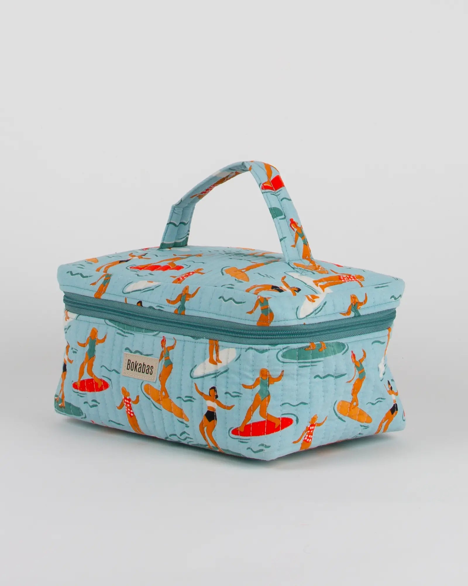 Trousse vanity maquillage matelassée Bokabas, imprimé Surf bleu, vue de trois-quarts