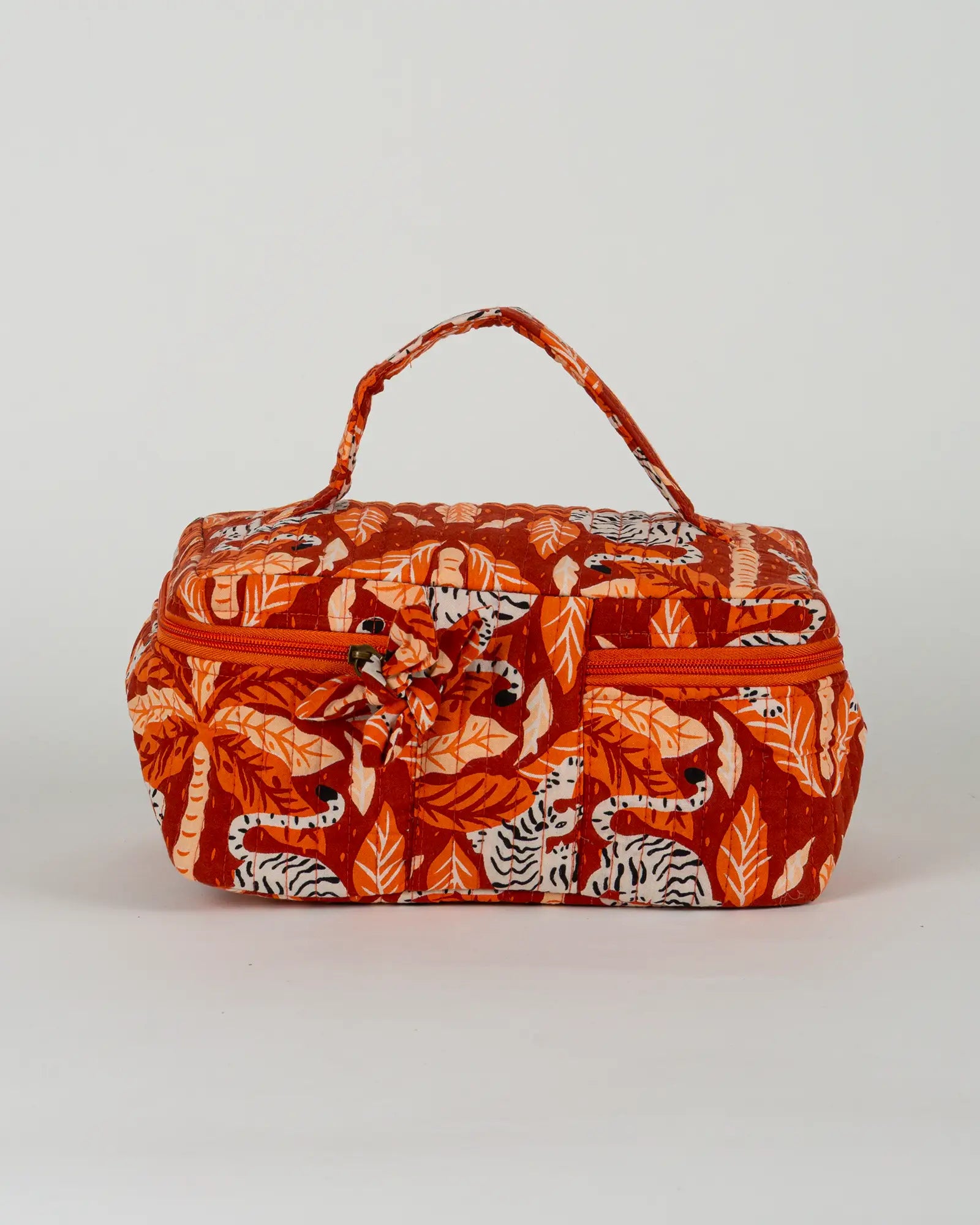 Trousse vanity maquillage matelassée Bokabas, imprimé Tropique palmier et guépard orange, vue de dos