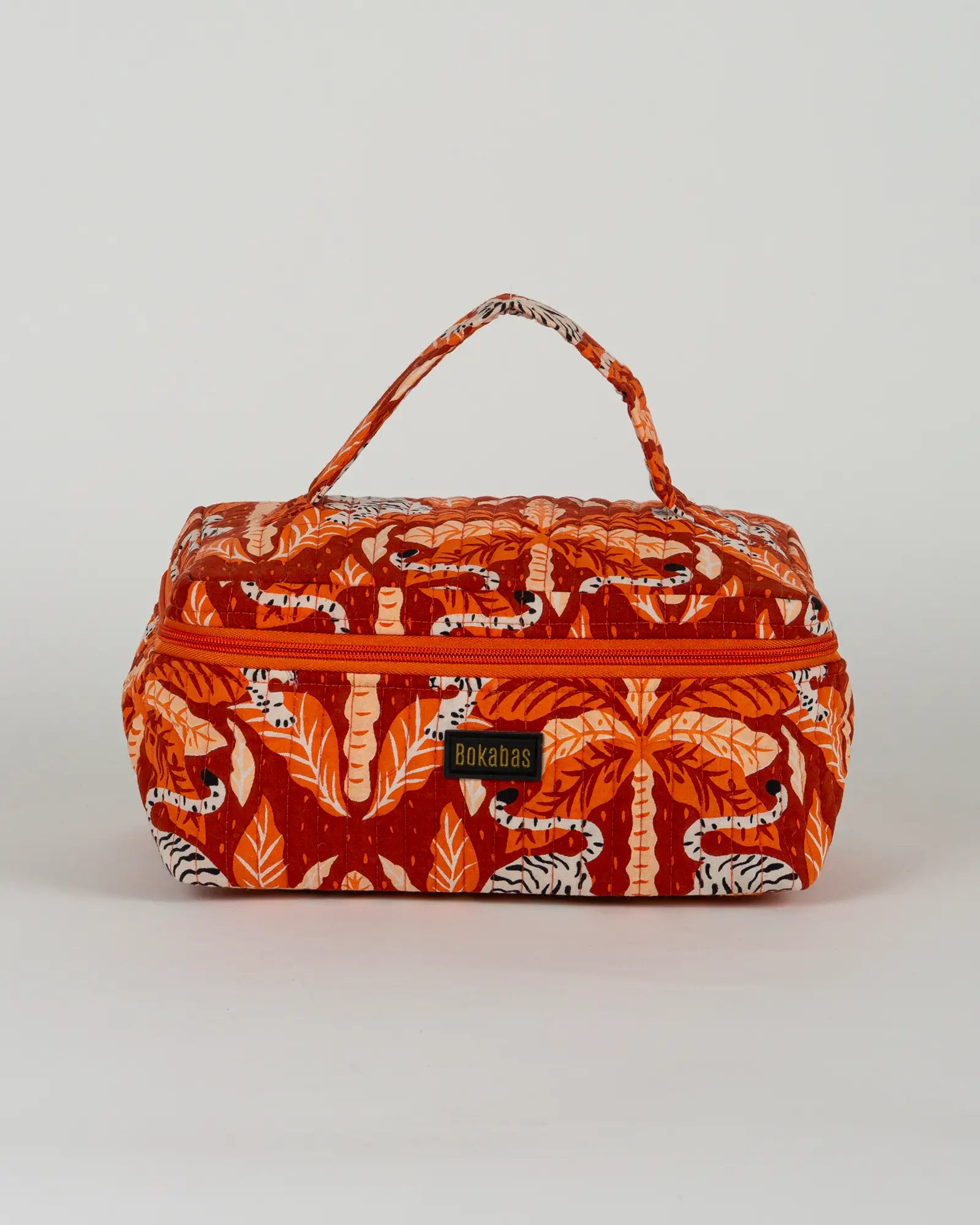 Trousse vanity maquillage matelassée Bokabas, imprimé Tropique palmier et guépard orange, vue de face