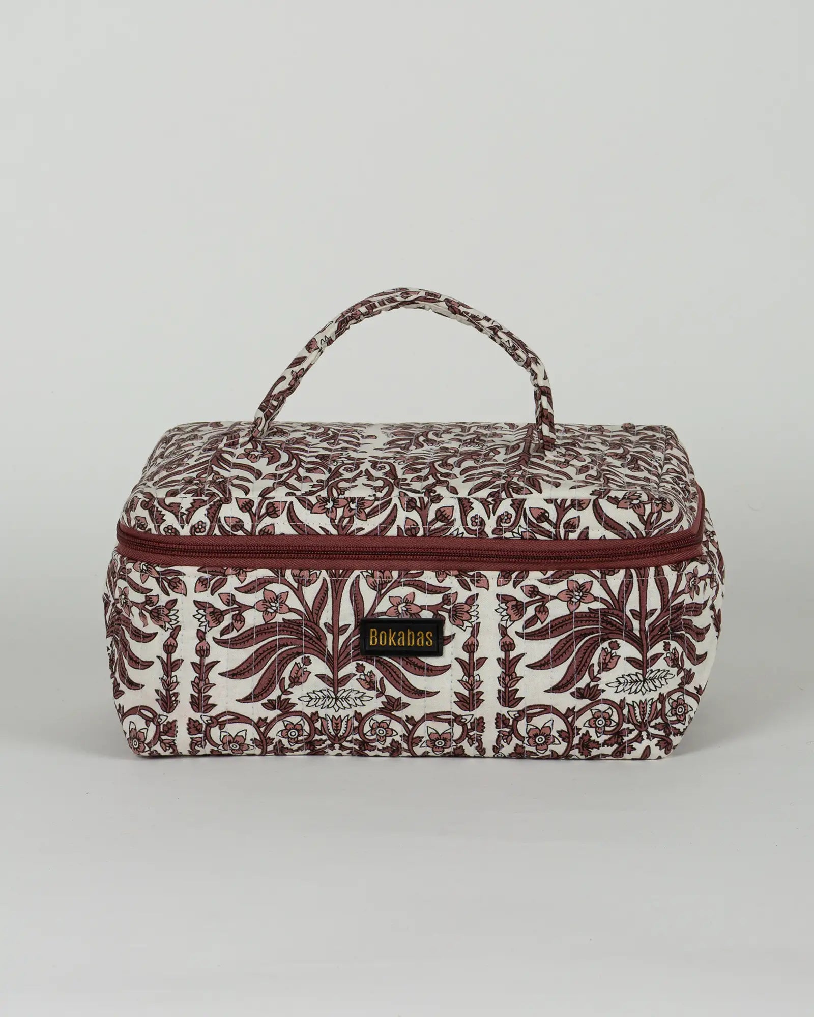 Trousse vanity maquillage matelassée Bokabas, imprimé Vale fleuri marron et blanc, vue de face