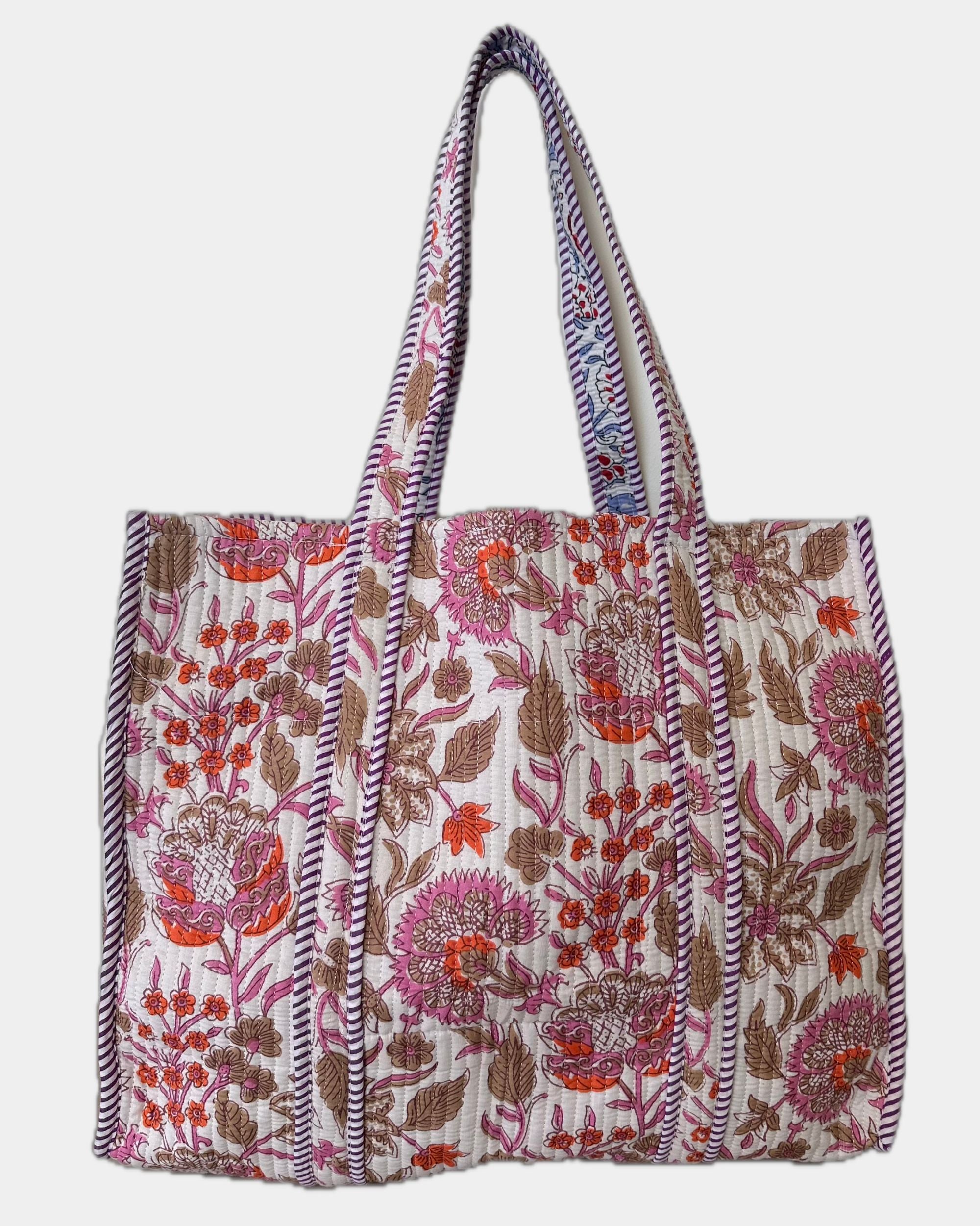 Sac cabas matelassé en coton réversible - FLEUR Rose - Image 1