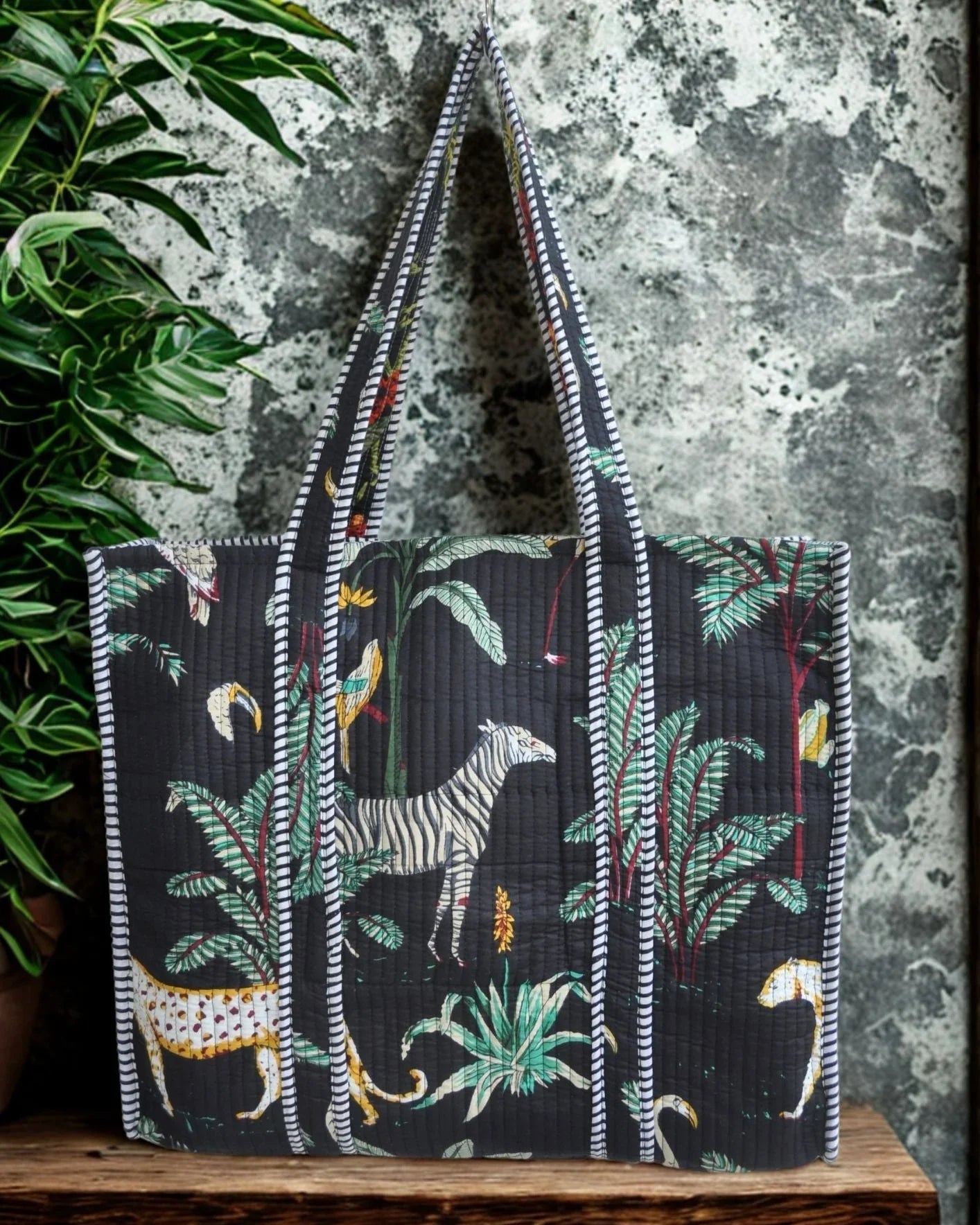 Sac cabas réversible en coton matelassé - JUNGLE Noir - Bokabas Sac (Image 1)