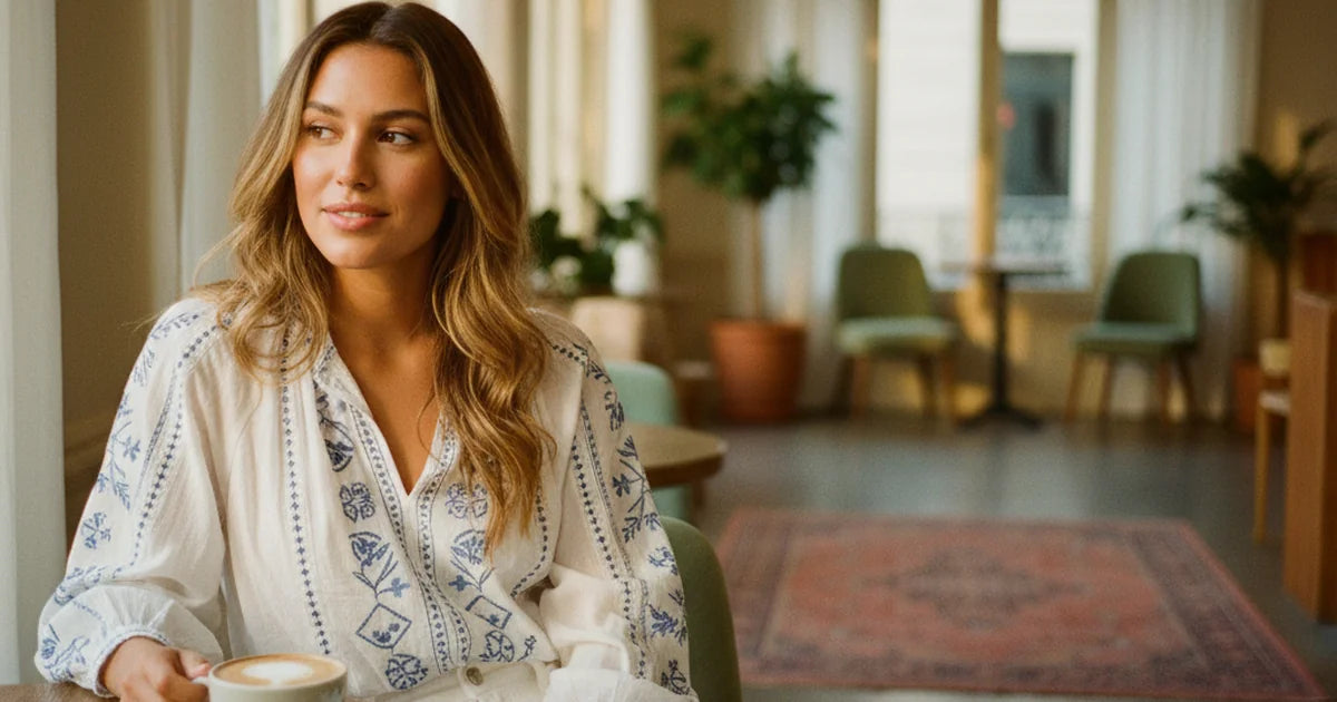 blouse femme — jeune femme en jean blanc taille haute portant une blouse en voile de coton blanche brodée de motifs bleus, assise à la terrasse d'un café parisien avec un cappuccino