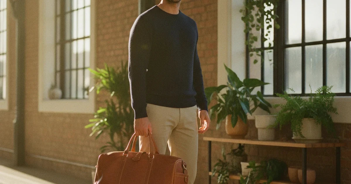 hero — homme élégant portant un sac de voyage week-end en cuir cognac à la main sur un quai de gare ensoleillé, tenue casual chic pull marine et pantalon beige, allure de départ posée le matin