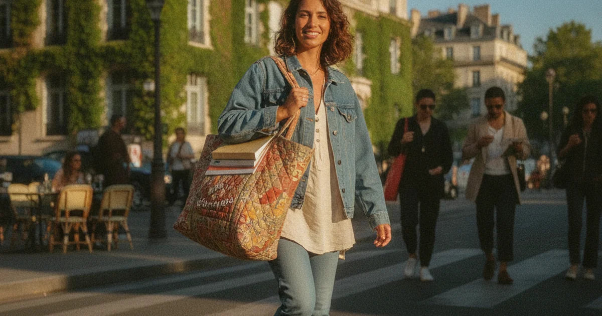 hero — lycéenne souriante portant un grand cabas en toile matelassée à imprimé coloré à l'épaule devant un lycée ensoleillé, classeurs et cahiers qui dépassent, tenue jean et baskets, ambiance rentrée dynamique du matin