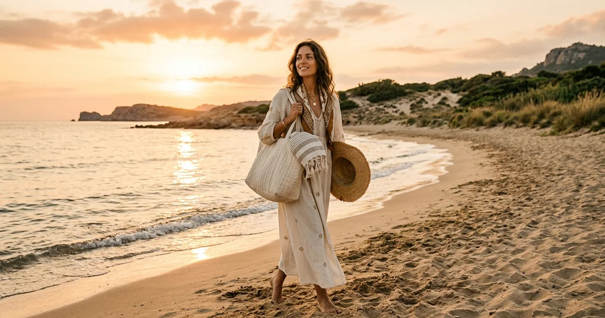 jeune femme marchant sur une plage de sable doré au soleil couchant, un grand tote bag matelassé crème sur l'épaule rempli d'une serviette rayée et d'un chapeau de paille