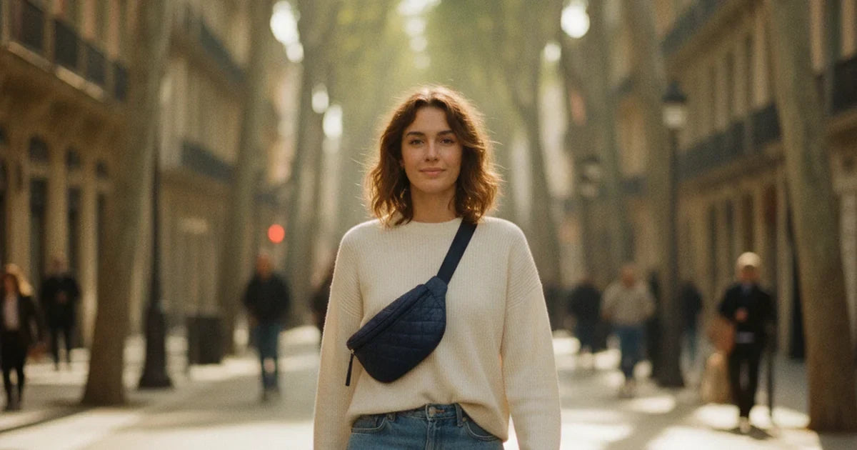 hero — jeune femme portant un sac banane matelassé bleu marine en bandoulière sur le buste, tenue jean et pull écru, marchant dans une rue urbaine ensoleillée, allure décontractée et moderne du matin