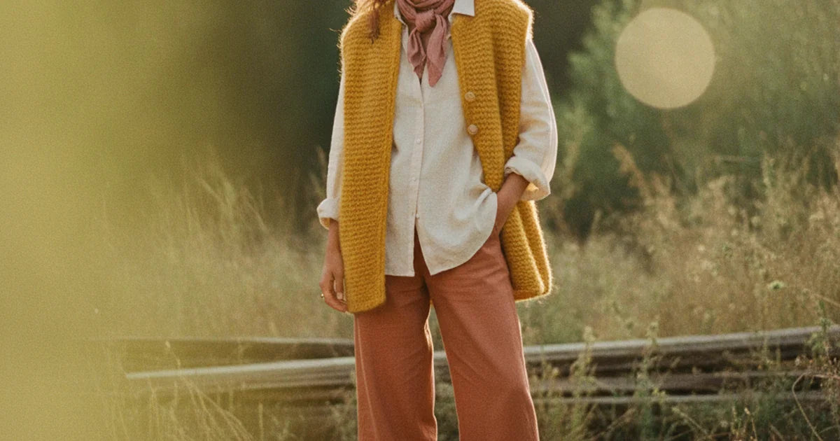 femme portant un gilet en laine douce sur une chemise, allure cosy et chic en extérieur hivernal, maille chaleureuse et naturelle