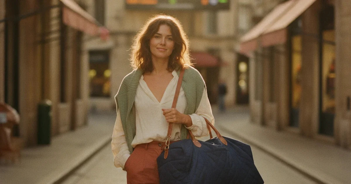 hero — jeune femme souriante tenant un sac de voyage souple en toile matelassée bleu marine à l'épaule dans un hall d'aéroport lumineux, tenue voyage confortable, panneaux d'embarquement flous en arrière-plan