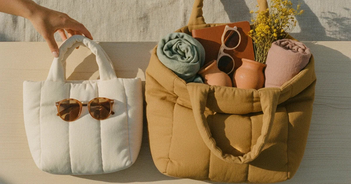 deux tote bags côte à côte sur un banc en bois clair — un mini tote matelassé crème tenu à la main et un grand cabas matelassé camel posé rempli d'affaires, lumière douce de fin de journée