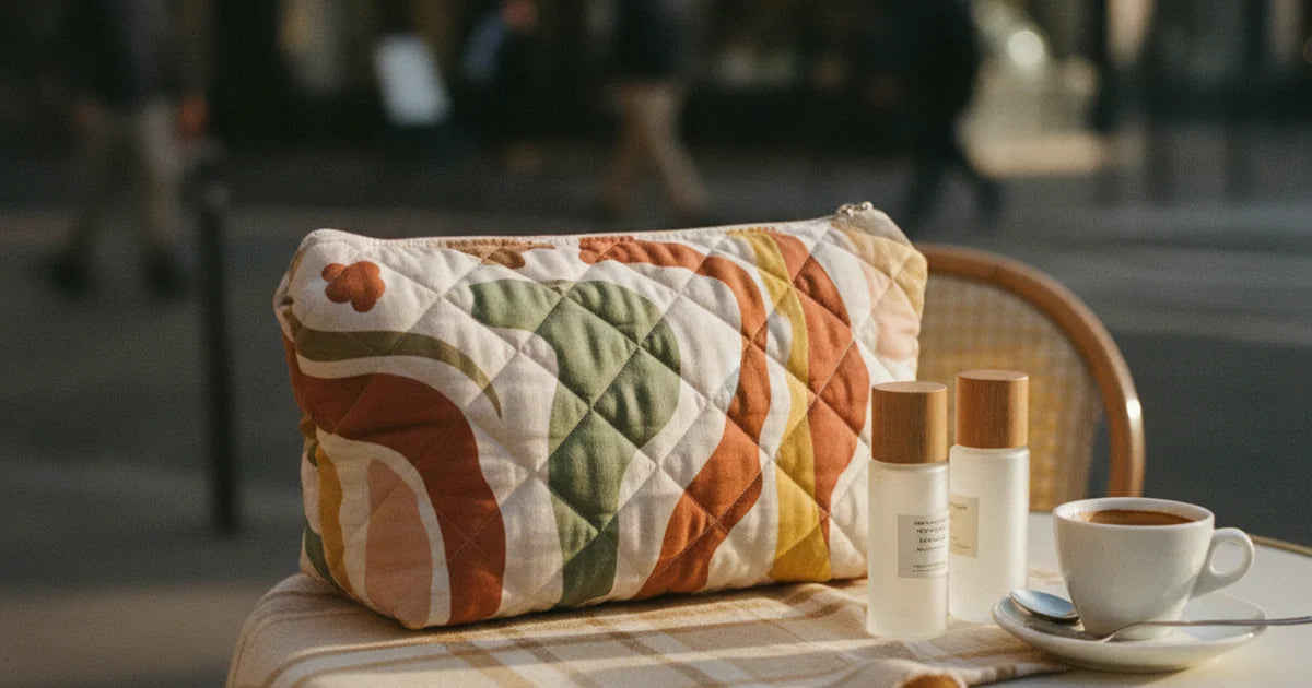 trousse de toilette matelassée à motif art posée sur un plaid beige, texture matelassée bien visible, flacons de soin à côté, lumière douce et chaleureuse