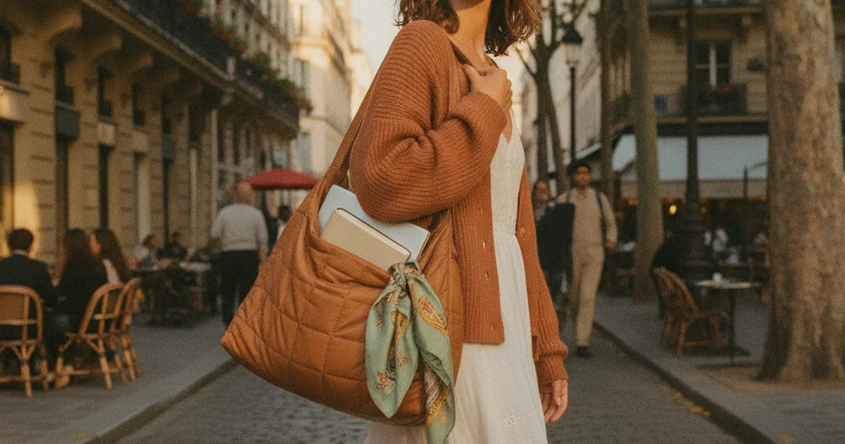 jeune femme élégante traversant une rue parisienne, un grand sac cabas matelassé camel porté à l'épaule, rempli d'un ordinateur, d'un carnet et d'un foulard qui dépasse, lumière matinale