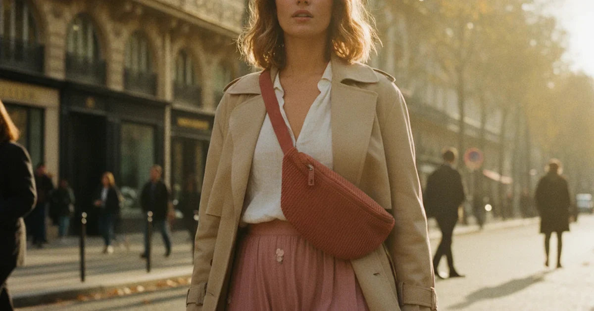 jeune femme portant un sac banane en velours côtelé terracotta en bandoulière sur un manteau beige, rue parisienne ensoleillée en automne