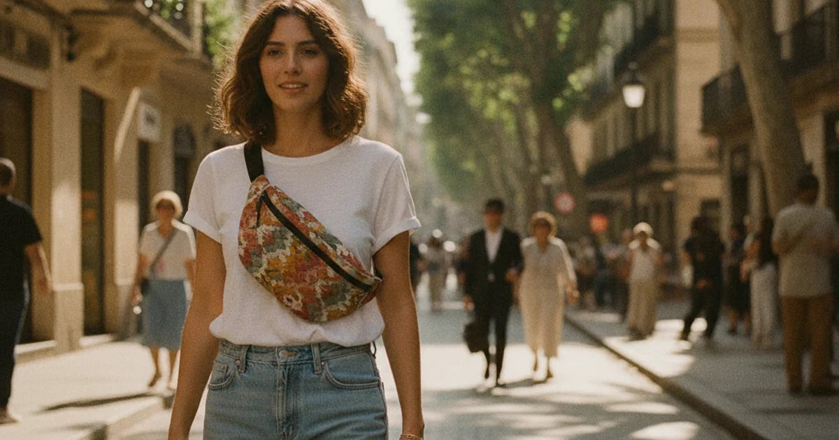 hero — jeune femme portant un sac banane en tissu matelassé à imprimé coloré en bandoulière sur le buste, tenue jean et tee-shirt blanc, rue urbaine ensoleillée, allure décontractée et lumineuse du matin