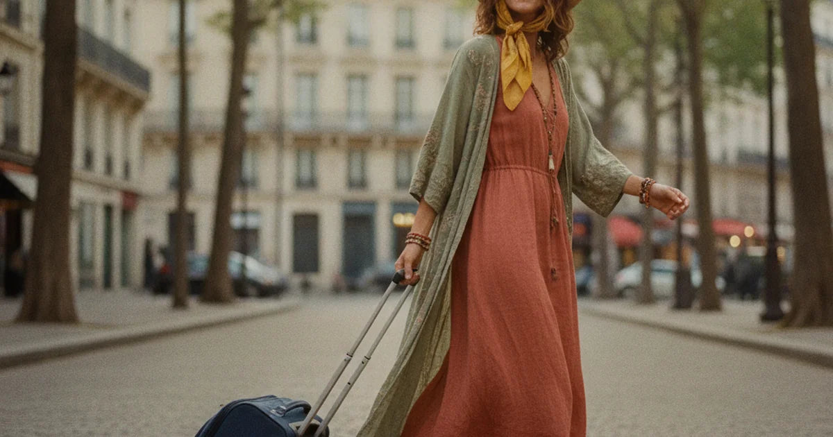 hero — femme tirant un sac de voyage à roulettes souple bleu marine par sa poignée télescopique dans un hall de gare lumineux, tenue voyage décontractée, mouvement et allure dynamique du matin