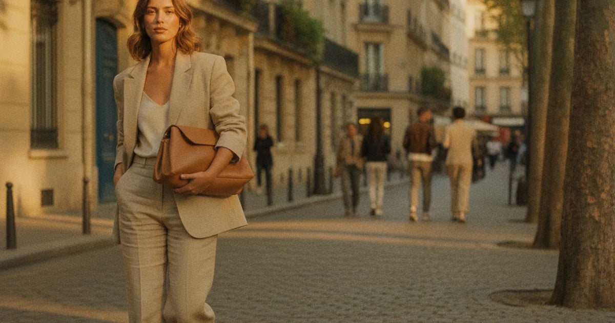 hero — femme élégante portant un sac à main en cuir grainé camel au creux du bras, tenue tailleur beige, dans une rue parisienne ensoleillée, allure chic et soignée du matin
