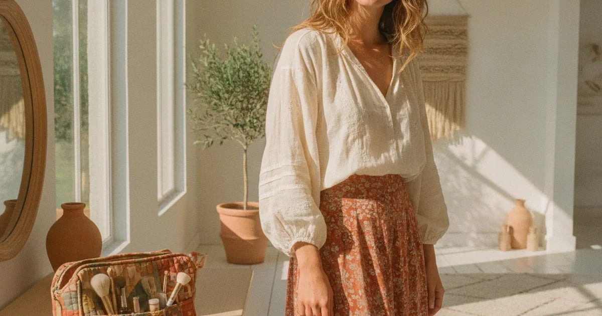 hero — vanity matelassé à imprimé coloré posé ouvert et debout sur une coiffeuse claire, produits de beauté et pinceaux bien rangés à l'intérieur, miroir et lumière douce du matin, ambiance beauté soignée et féminine