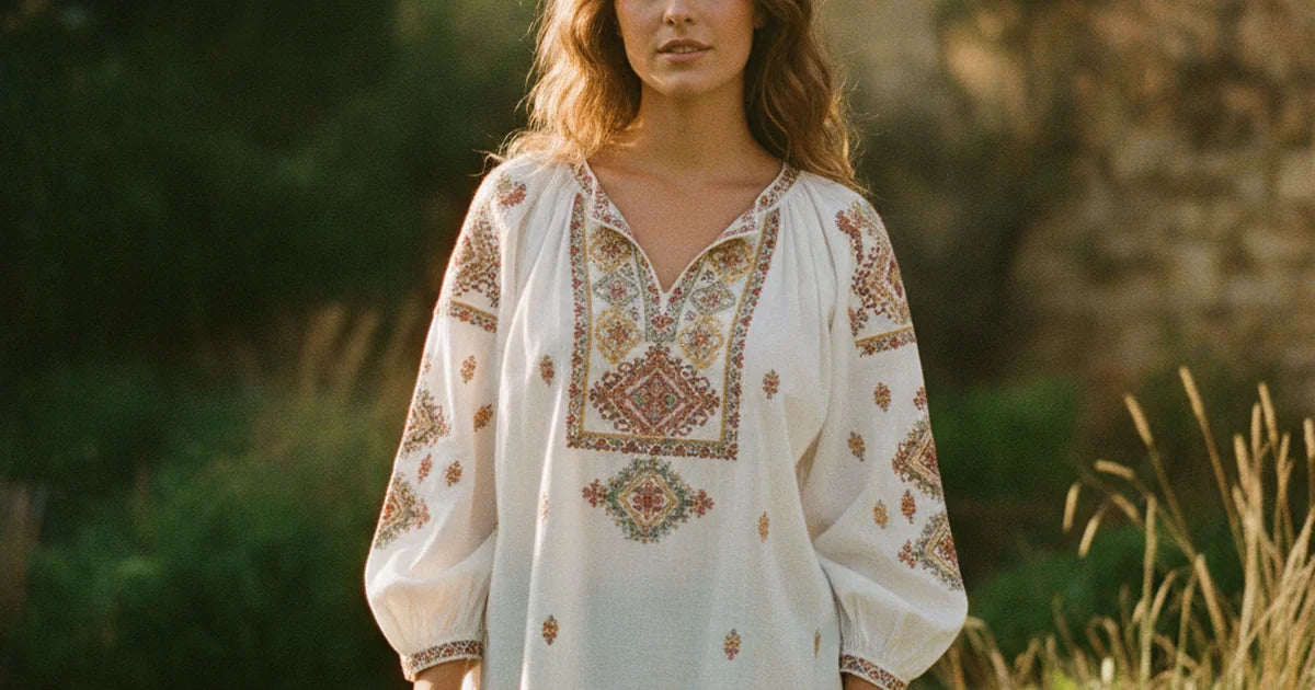 hero — femme au style bohème portant une blouse blanche brodée de motifs colorés avec un jean brut, cheveux ondulés, dans un jardin ensoleillé, allure douce et féminine du matin, lumière naturelle