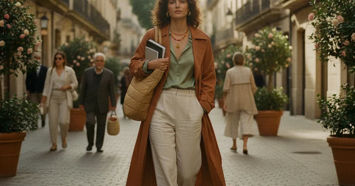 hero — femme adulte élégante portant un grand cabas en toile matelassée camel à l'épaule dans une rue urbaine ensoleillée, tenue chic pantalon et trench, ordinateur et cahiers qui dépassent, allure soignée et active du matin