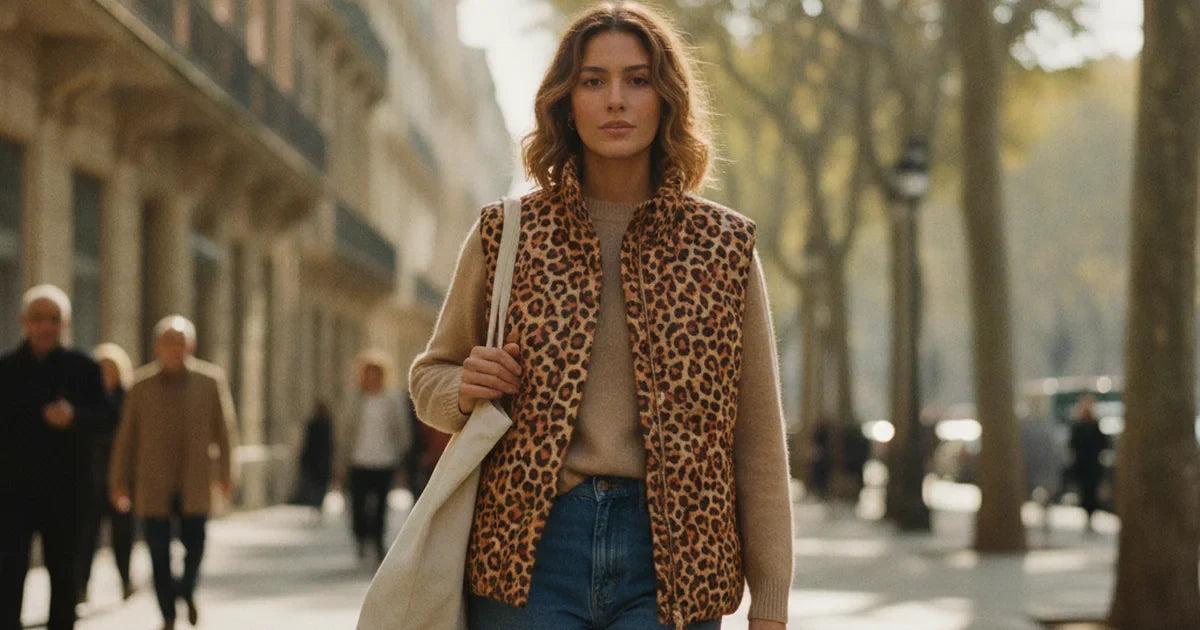 hero — femme élégante portant un gilet matelassé sans manches imprimé léopard fauve sur un pull uni beige et un jean, dans une rue ensoleillée d'automne, allure chic et décontractée du matin