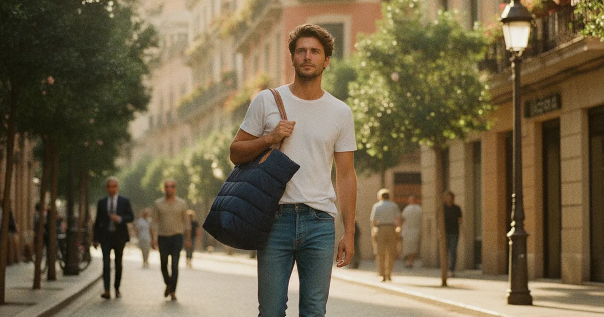 hero — homme trentenaire portant un grand sac cabas en toile matelassée bleu marine à l'épaule, tenue casual jean brut et tee-shirt blanc, marchant dans une rue urbaine lumineuse le matin