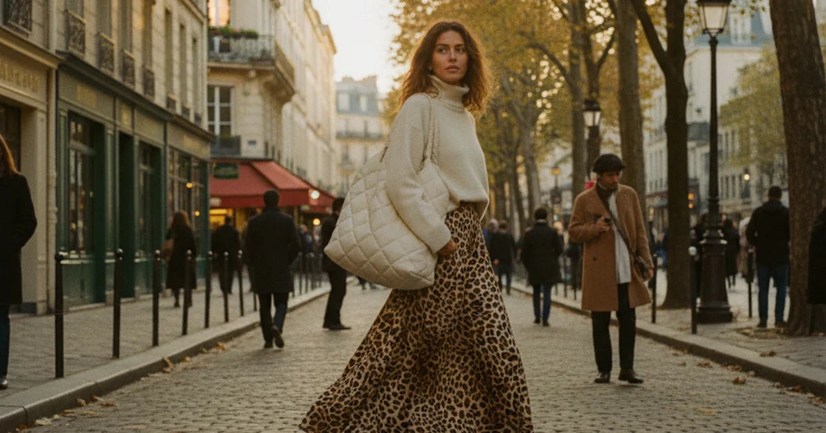jupe longue femme — jeune femme en pull col roulé crème portant une jupe longue fluide à motifs léopard, marchant dans une rue parisienne pavée à l'automne avec un grand cabas matelassé crème
