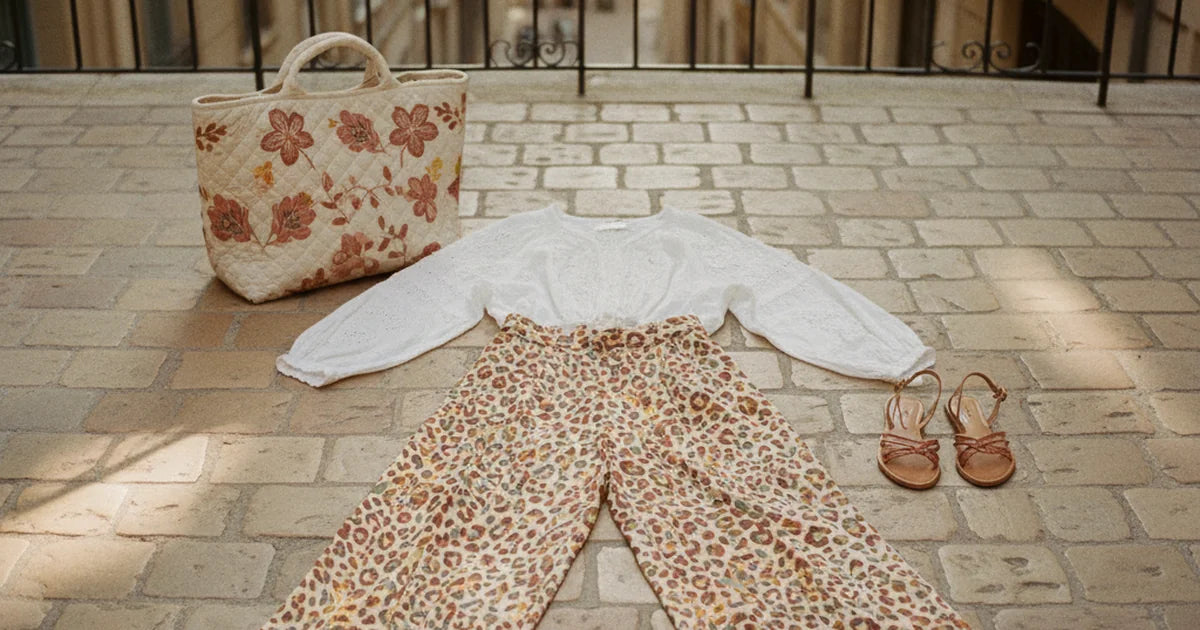 pantalon large femme — jeune femme en blouse blanche brodée rentrée portant un pantalon fluide imprimé motif léopard taille haute, sandales plates, marchant dans une rue parisienne ensoleillée avec un grand cabas matelassé crème