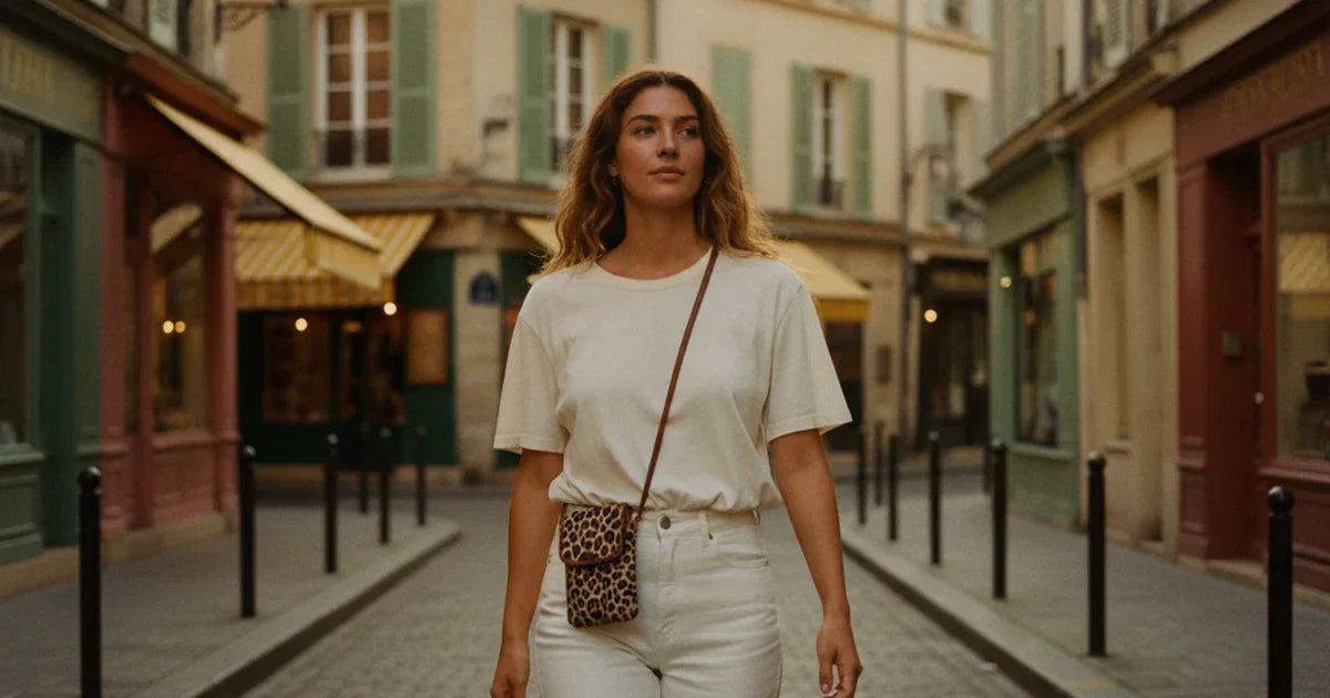 pochette téléphone — jeune femme aux cheveux longs portant une pochette téléphone matelassée motif léopard en bandoulière transversale sur un jean blanc et un tee-shirt crème, marchant dans un parc parisien ensoleillé