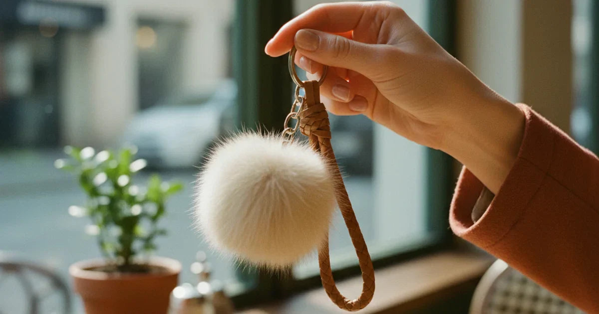 porte-clé femme — gros plan sur une main féminine tenant un porte-clé en cuir camel grainé avec pompon en fourrure crème
