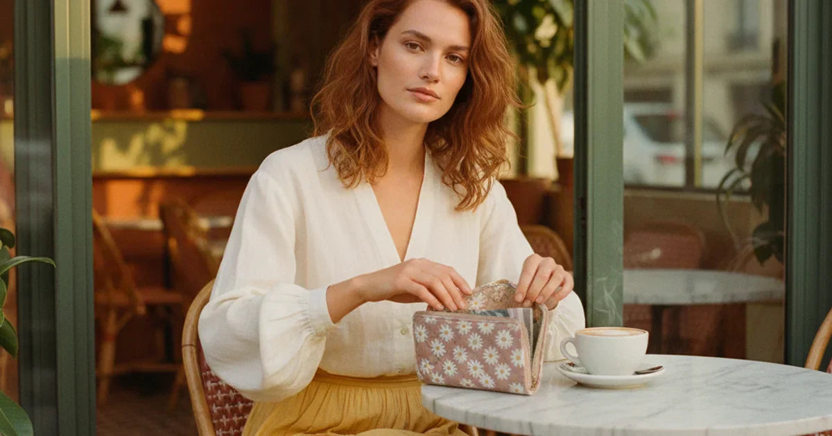 portefeuille femme — jeune femme assise à la terrasse d'un café parisien ouvrant un portefeuille matelassé daisy sur une table en marbre clair avec un cappuccino à côté