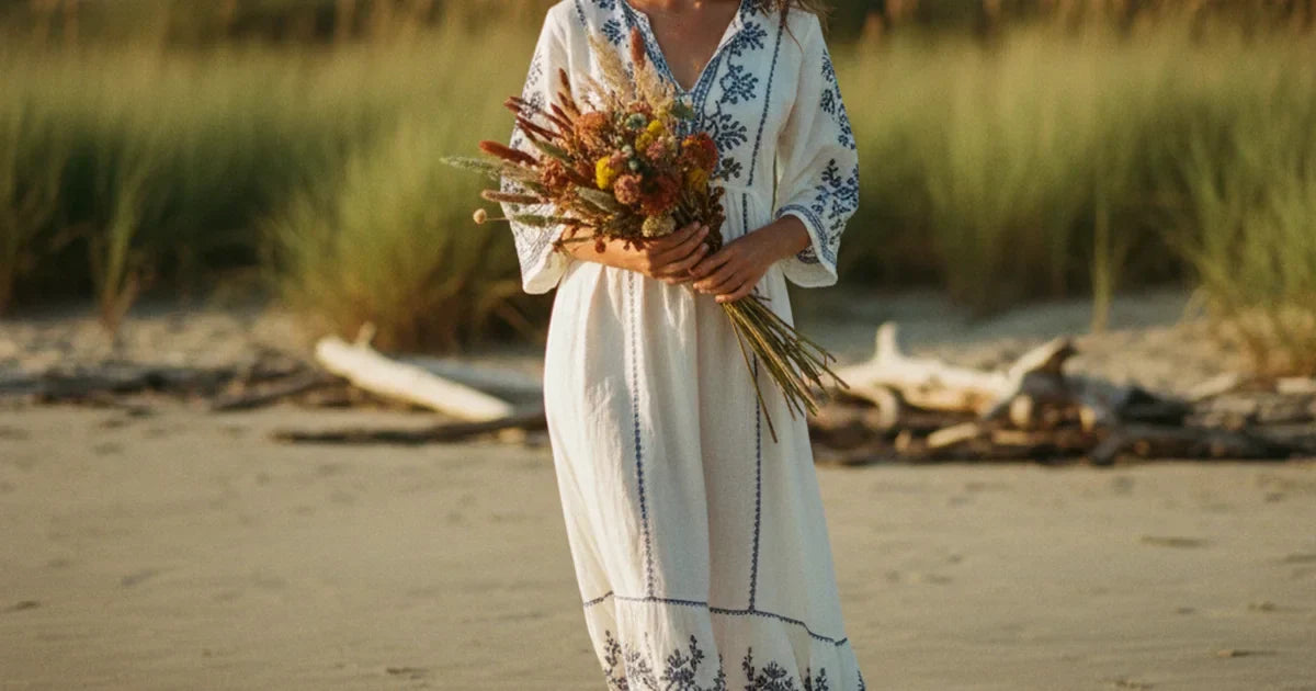 robe longue femme — jeune femme aux cheveux longs portant une robe longue bohème blanche brodée de motifs bleus, marchant pieds nus sur une plage au soleil couchant avec des fleurs séchées à la main