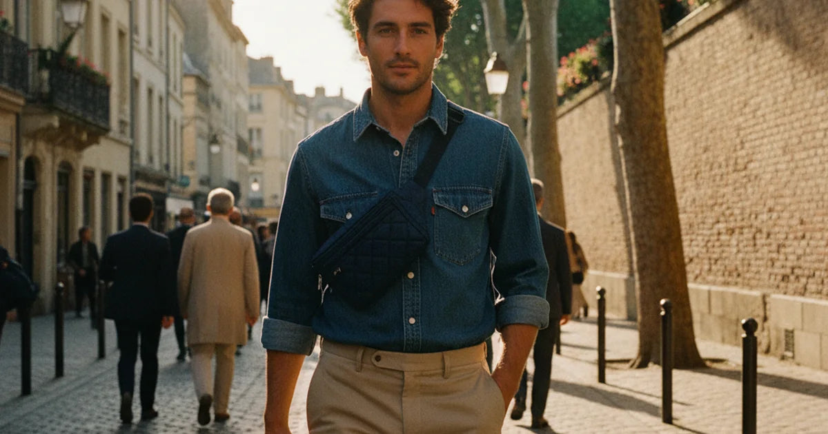 sac banane homme — jeune homme en chemise denim brut et chinos beige portant un sac banane matelassé navy en bandoulière croisée devant un mur de briques d urban district au soleil de fin d après-midi