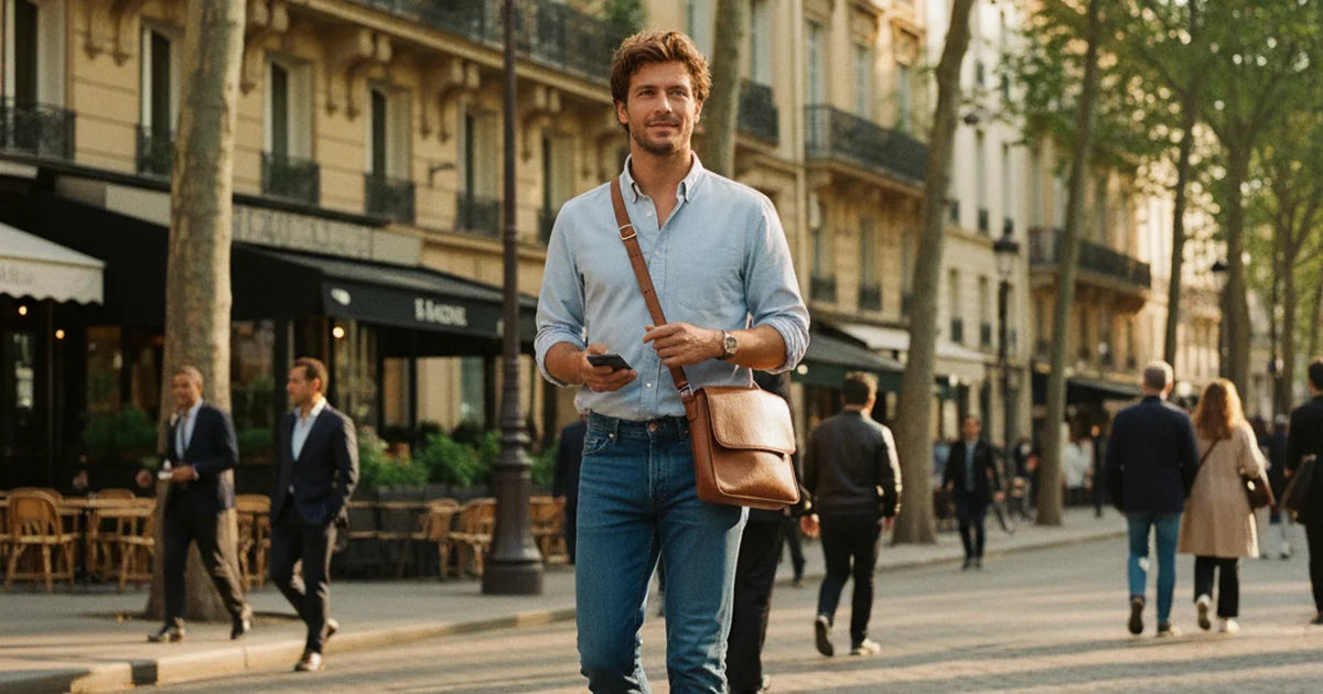 sac bandoulière homme — jeune homme en chemise oxford bleue portant un sac bandoulière en cuir camel grainé en travers sur jean droit, marchant dans une rue parisienne ensoleillée avec son téléphone à la main