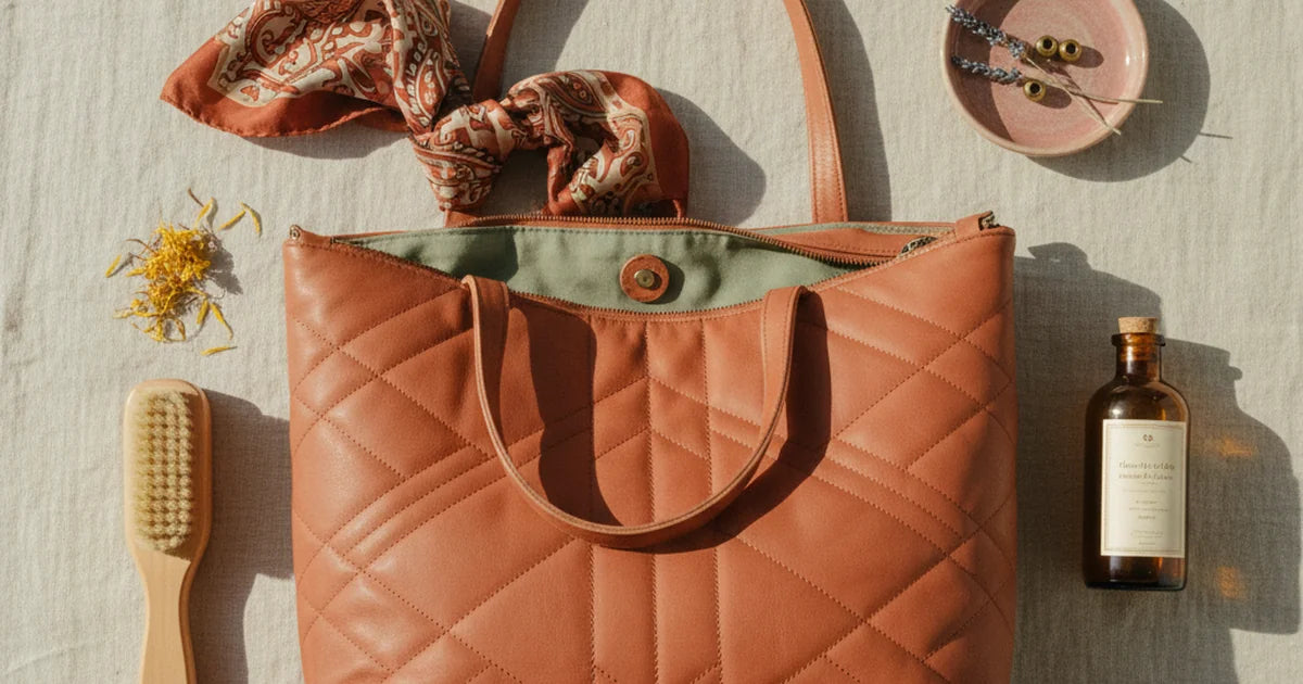 entretien d'un sac de cours femme — cabas matelassé étendu sur une table claire avec brosse à poils doux et lait nourrissant cuir disposés à côté