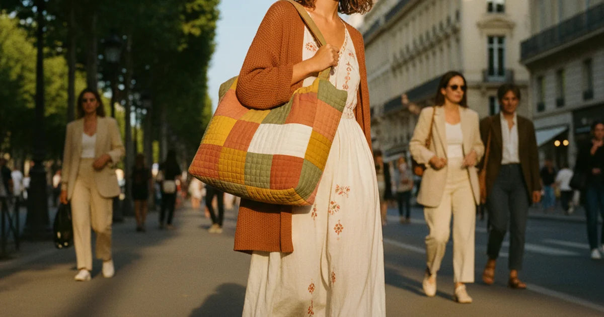 sac molletonné — femme bohème avec sac molletonné en toile lors d'une balade en ville ensoleillée